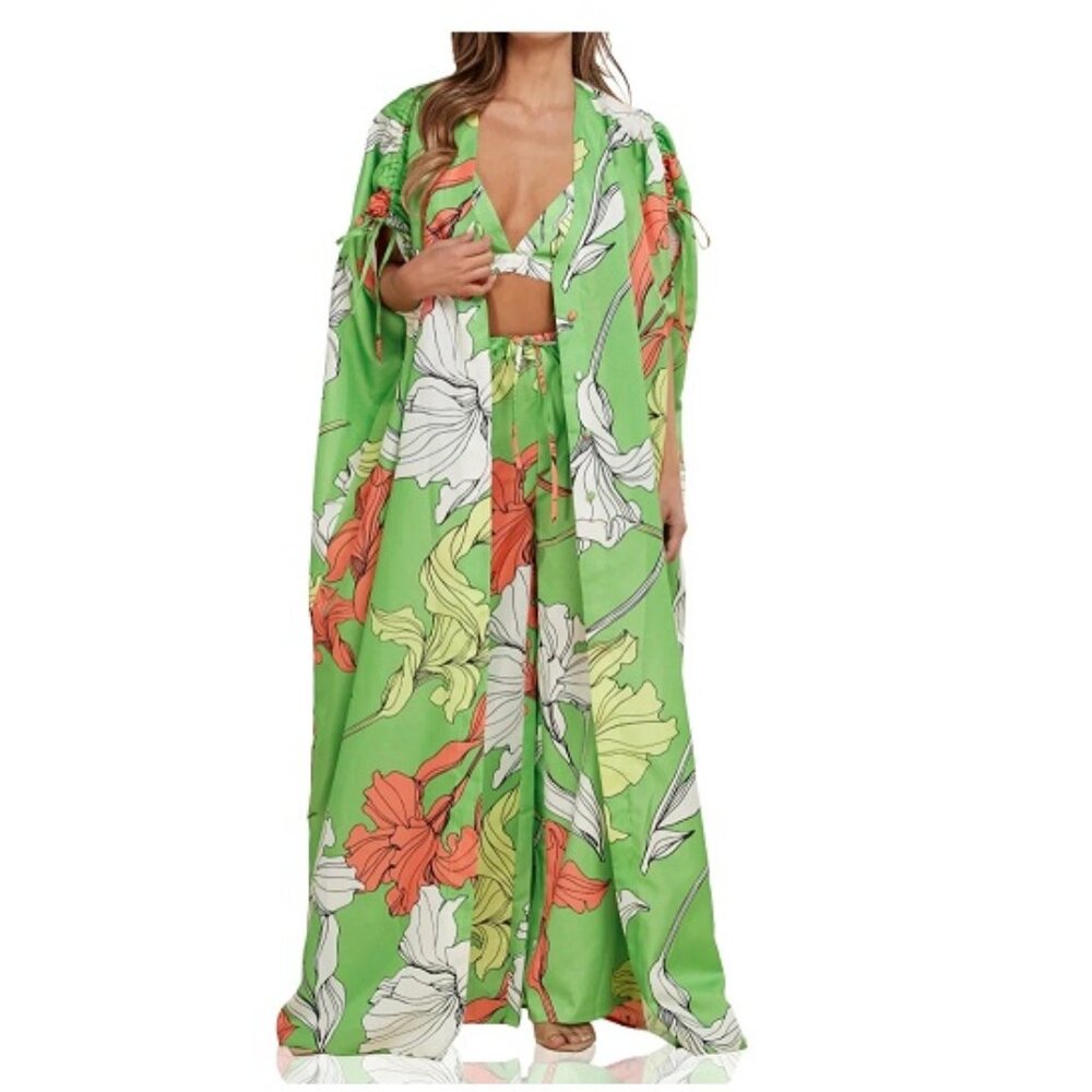 LATISTE CROP TOP WITH KIMONO & WIDE LEG PANTS FLORAL 3PC. SET, Size M